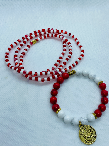 Red & White Waist Beads w Matching Horoscope Bracelet Set