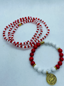 Red & White Waist Beads w Matching Horoscope Bracelet Set