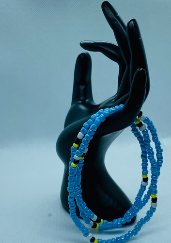 Baby Blue, Black, Yellow & White waist beads